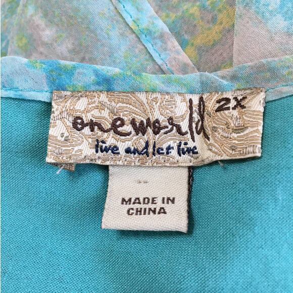 One World 2X Turquoise Blue with Flowing Chiffon Asymmetrical Open Back Top Lay - Picture 4 of 7